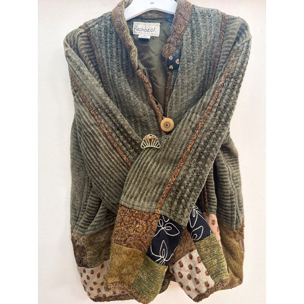 Flashback Vintage Patchwork Jacket Green Brown Cotton Rayon Boho Medium - Picture 3 of 8